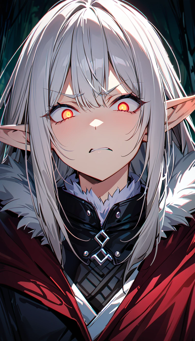 Masterpiece, best quality, 8k, dramatic lighting, 1girl, white hair, solo, long hair, expressive eyes, intense expression, crazy eyes, red eyes, red pupils, pointed ears, Elf, angry face, looking at viewer, black leather vest, Forest background, upper body, small breasts, albino,(mature female, eye wrinkles), ((long sleeve ,dark gray clothes, fur lined hood, red cloak)), portrait