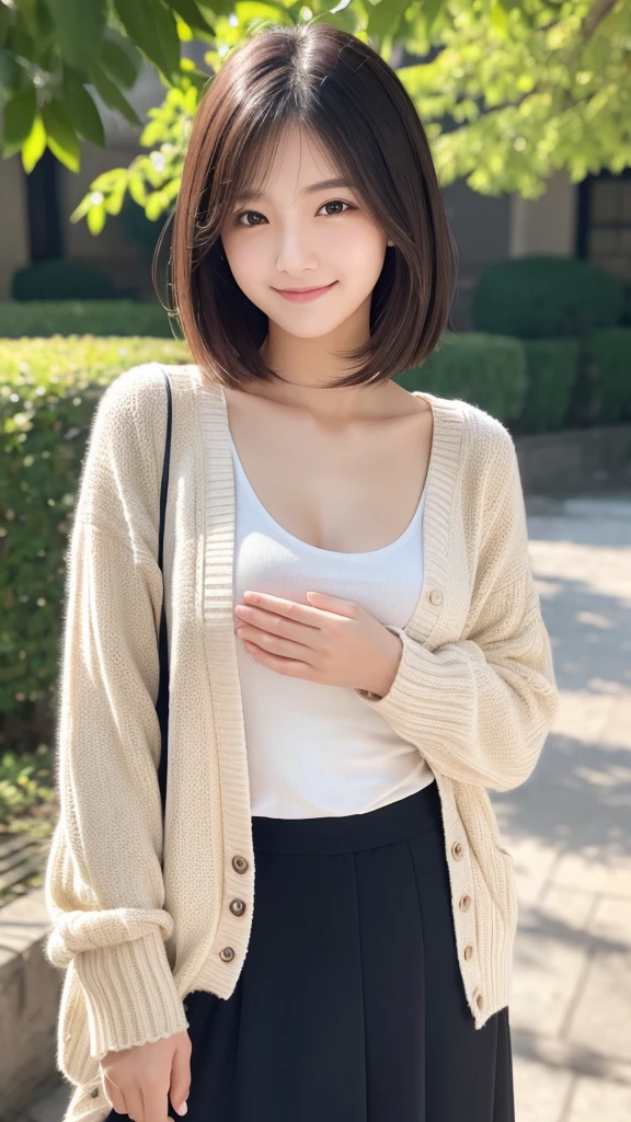 highest quality、8K、ultra high resolution、Super detailed face and eyes、Highly detailed face and skin texture、glowing skin、shiny skin、master piece:1.3、1 girl、super detail face、delicate eyes、double eyelid、full shot、short ponytail、20-year-old、brown hair、smile、embarrassed、long sleeve、skirt、full body angle、In town