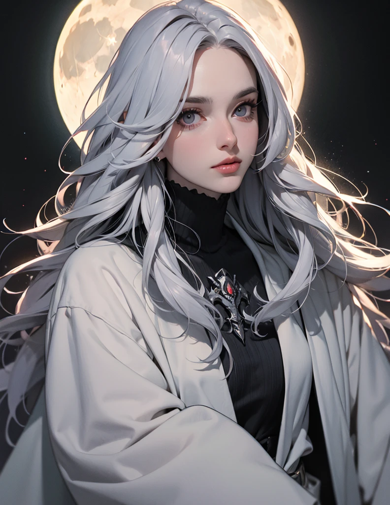 (best lighting) (best quality, masterpiece:1.2), (absurdres), 4k, (detailed eyes), (detailed face), a woman wearing obsidian medieval armour, long white hair flowing from under her helmet stands in front of a towering gothic castle, illuminated by a large moon over head, black armour, ark, moody, gothic, dark fantasy, portrait