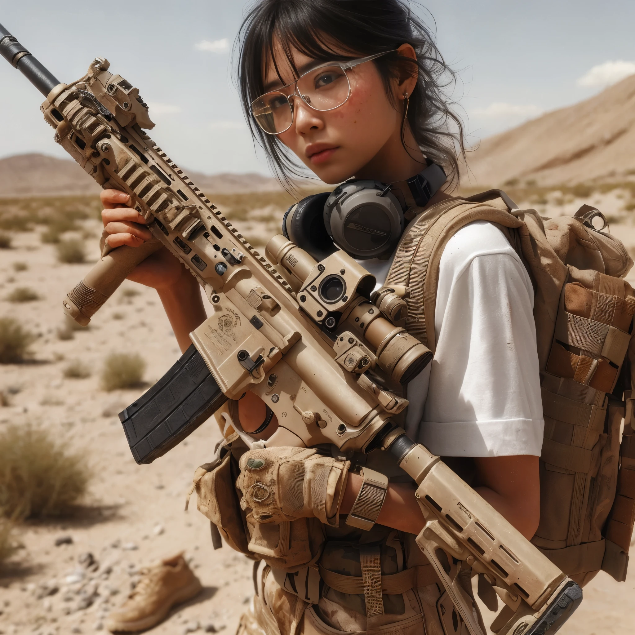 Arafed woman in a desert holding a rifle and wearing a gas mask - SeaArt AI