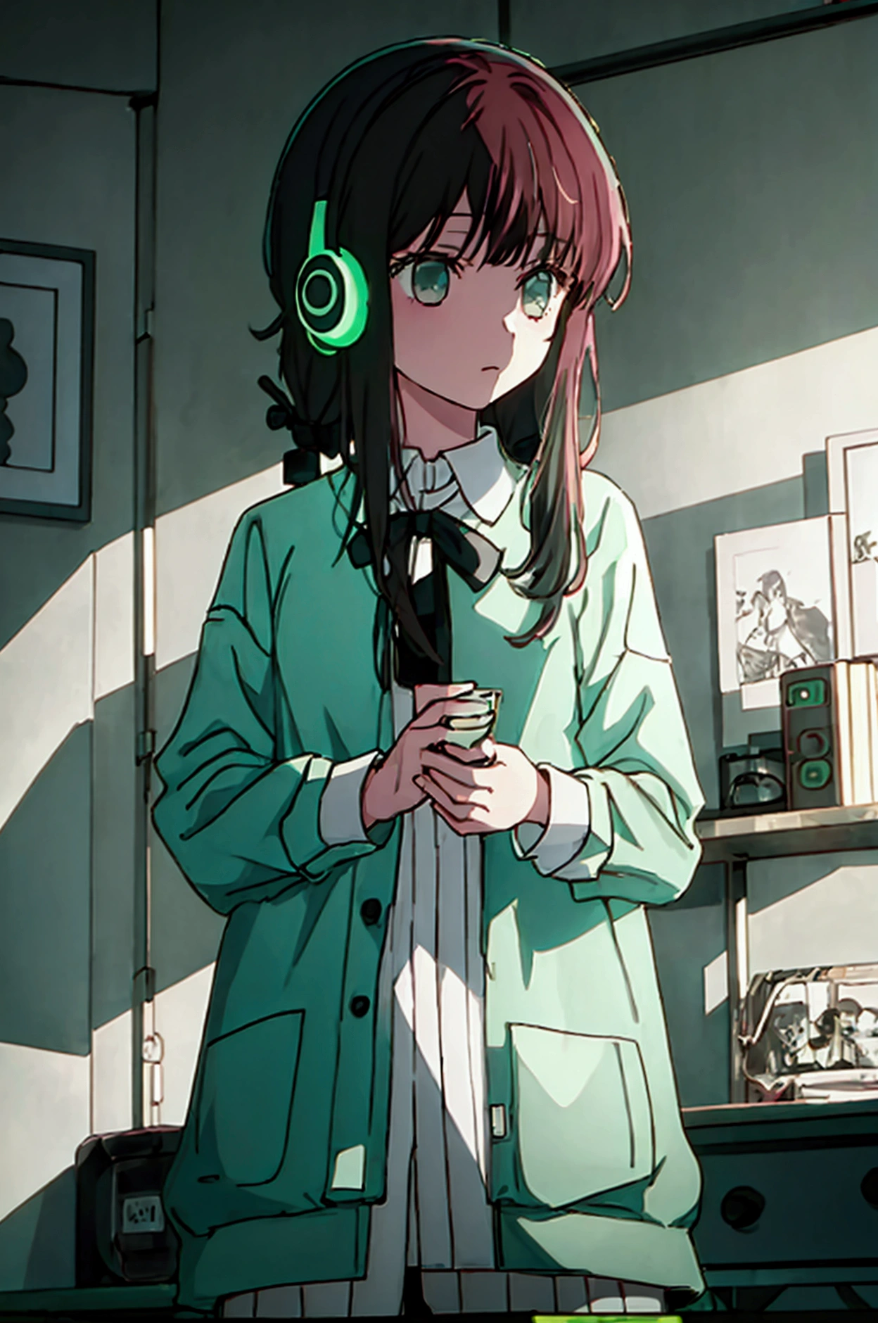 a girl wearing headphones , long sleeved loose pastel green  shirt , long hair , at night in a room 