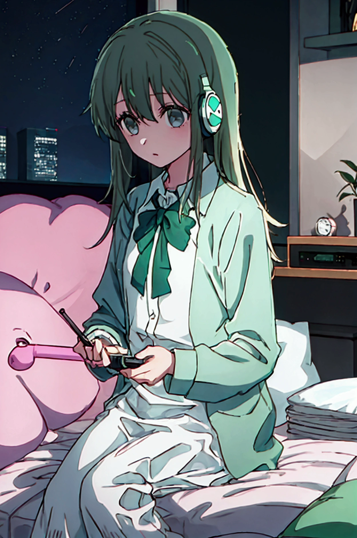 a girl wearing headphones , long sleeved loose pastel green  shirt , long hair , at night in a room 