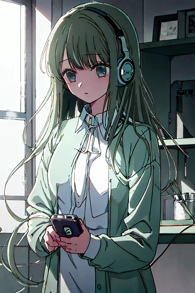 a girl wearing headphones , long sleeved loose pastel green  shirt , long hair , at night in a room 