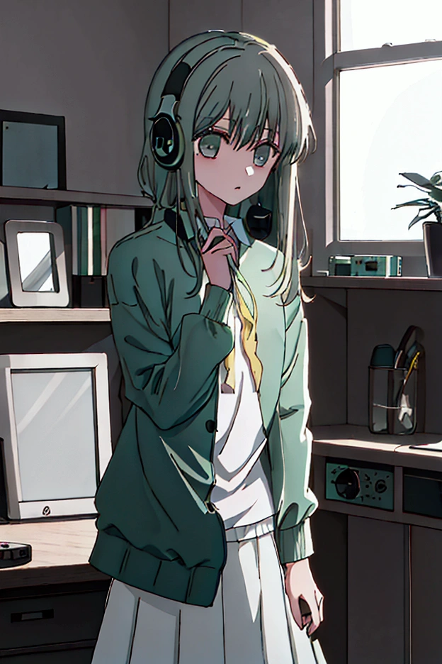 a girl wearing headphones , long sleeved loose pastel green  shirt , long hair , at night in a room 