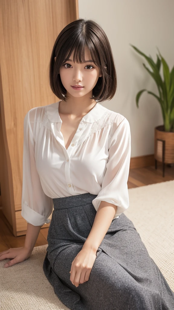 Photorealistic beautiful nurse、amazingly beautiful、((blouse、T-back pants))、(highest quality、8k、32K、masterpiece、nffsw:1.3)、ultra high resolution,(Photoreal:1.4),RAW photo, detailed face,,beautiful hair、very short hair 、nipple、 natural makeup,, small perfect breasts、(home living room), detailed background, perfect lighting, Depth of written boundary, beautiful shadow gradation ,、thin limbs、thin thighs、(whole body)、