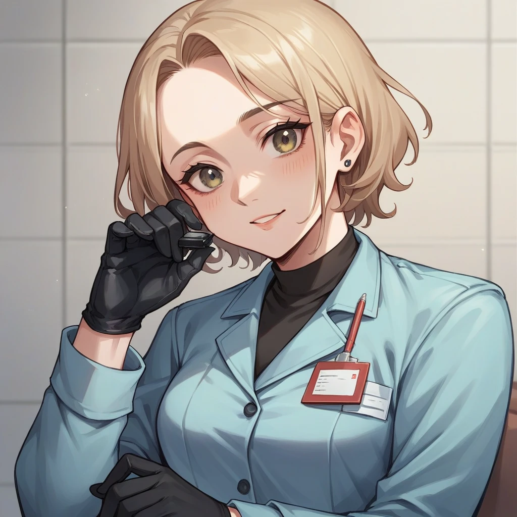 masterpiece, best quality, indoors, 
cosmieyes, brown eyes, colored eyelashes, eyelashes, blonde hair, 
eridef, 1girl, solo, looking at viewer, cowboy shot, nurse cap, nurse cap, 
