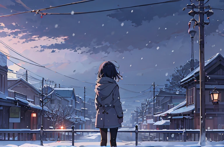 A girl gazing at the distant sky、Alone、Long black hair、Grey luggage jacket、Check the muffler、Short pants、Black tights、Long boots、Low angle、From behind、Shadowy、Snow Scene、Oyuki、Diamond Dust、Snow Country、Sandals、Best Quality、masterpiece、Cloud、Sad mood、I feel like crying、Makoto Shinkai&#39;s Style