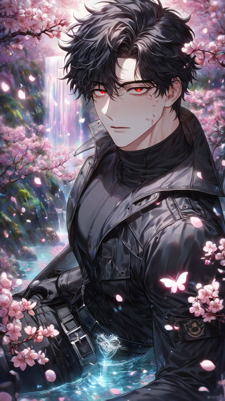 absurdres, highres, ultra detailed, HDR, master piece, best quality, detailed eyes, detailed face, delicated features, Manhwa Style, Zwei, black hair, short hair, slightly messy hair, expressive red eyes, Code Zero, Psycho Pass, solo, sexy man, adult face, adult, mature, handsome, tight black turtleneck shirt, black coat with high collar, black gloves, military, black cargo pants, belts, sitting, fantasy, magical, cherry blossoms, pink flowers, pink butterflies, waterfall, rocks, pink petals, nature, spring