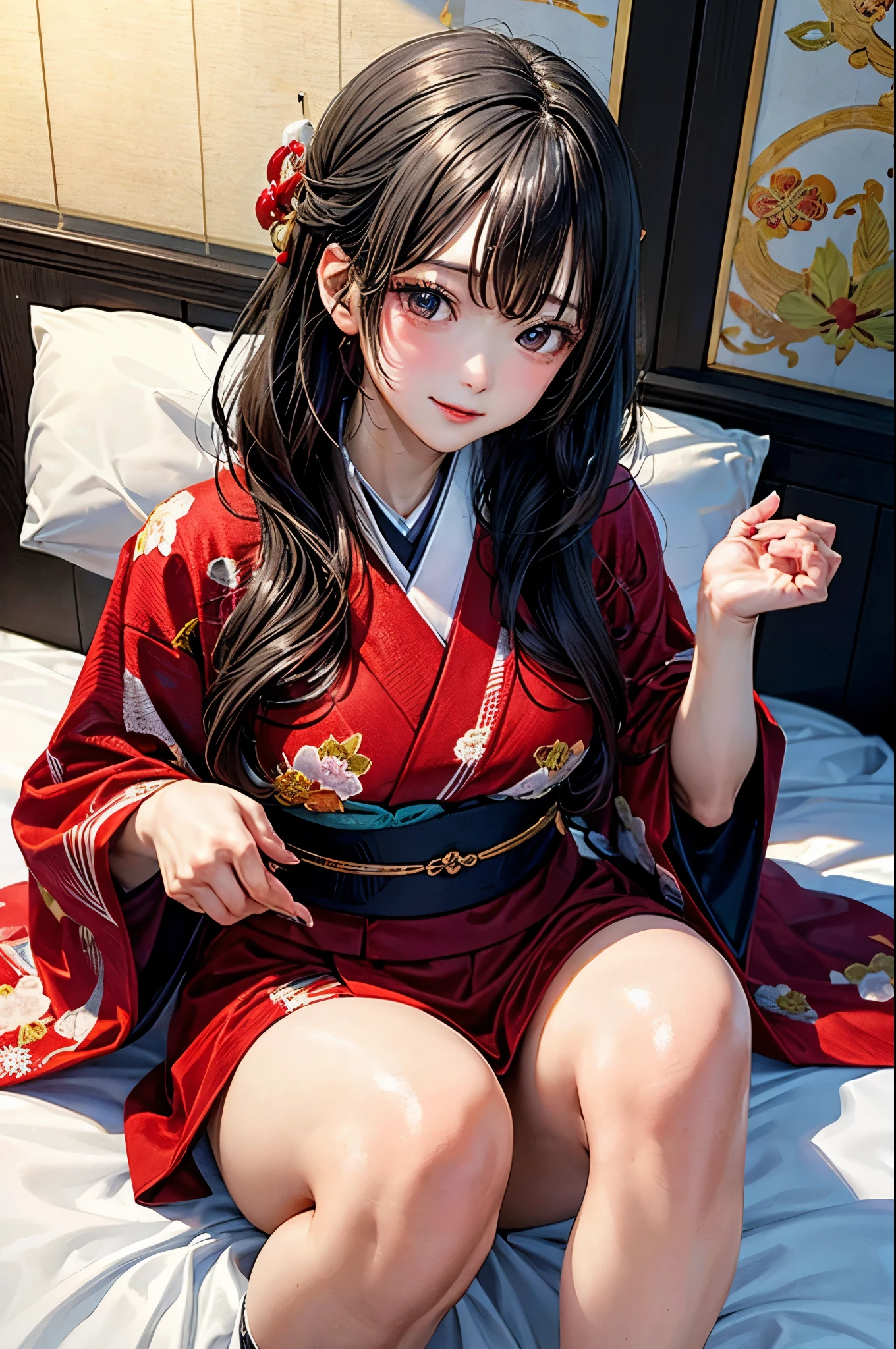  (8k、highest quality、masterpiece:1.2)、(Intricate details:1.4), Anime girl sitting on the ground with flowers in her hair, sakimi chan, in kimono, In kimono, yukata, Anime Moe Art Style, classy yukata, Smooth anime CG art, Japanese Kimono, wear Kimono, Official artwork, 皇室のwear Kimono, wearing a simple robe, sakimichan, wear Kimono, red kimono, ((spread legs)), ((spread pussy:1.3))