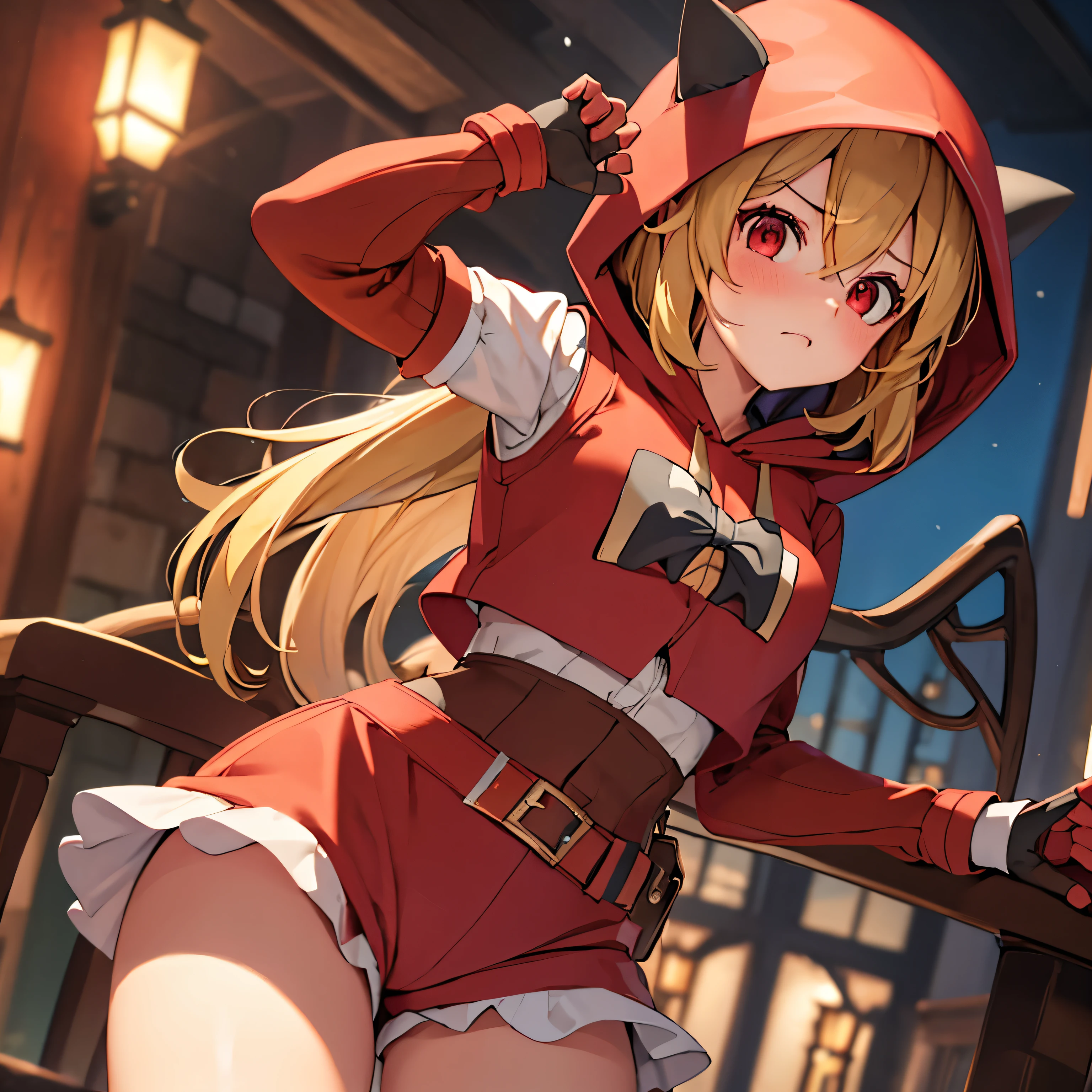 (insanely detailed, beautiful detailed face, masterpiece, best quality), ((masterpiece)),((best quality)),(highres), bokeh, looking at viewer, solo, 1girl, cowboy shot, pkmntmg, tmgoutfit, fake horns, ((hoodie)), red shorts, gloves, red boots, small breasts, flandre_scarlet_touhou, blonde_hair, wings, red_eyes, crystal, bangs, one_side_up, ribbon,bow, blush, vest, red_vest, hair_between_eyes, red_bow, red_ribbon, short_hair, 