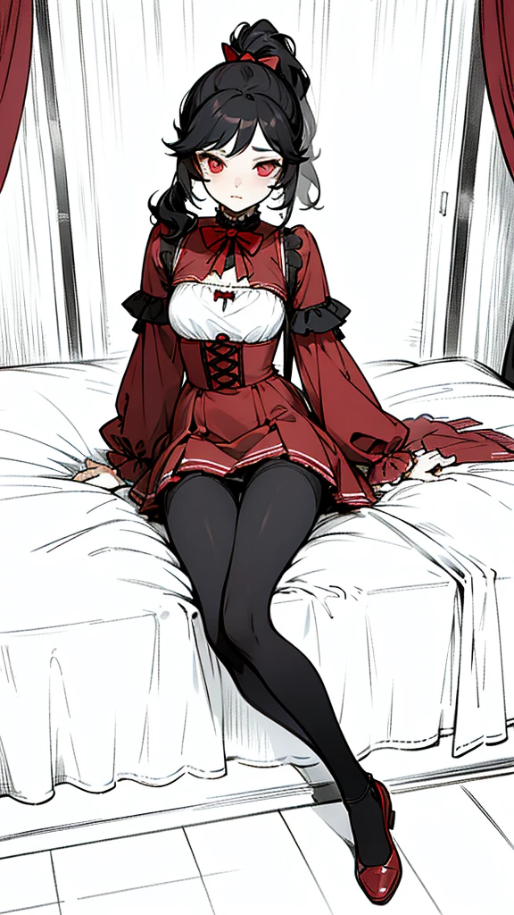 using pantimedies, wavy black hair, piercing look with deep red eyes, average stature, Silky hair with a ponytail hairstyle collected with a red bow with two white lines, with clothes, has a vagina, has breasts, cup of breasts, small breasts, slim, foreground, Session, sitting in her room, sitting on the floor of her room, wearing pantyhose, using pantimedies, Picardias, short skirt, shoes, blouse with straps, blush 