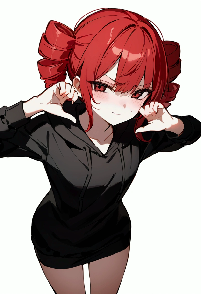 mangamichirum, 1girl, red hair, single braid, blush, large breast, ((tight black long sleeve undershirt, turtleneck)), breast hold, upper body, looking at view, from below, (masterpiece, high resolution, best quality, anime screencap, anime colored, 8k, photorealistic), red eyes, smug