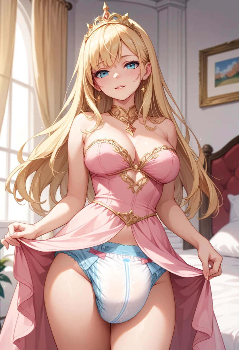 Beautiful long blonde　Princess in a pink dress　Gold Tiara　diaper　Cowboy Shot　bedroom　