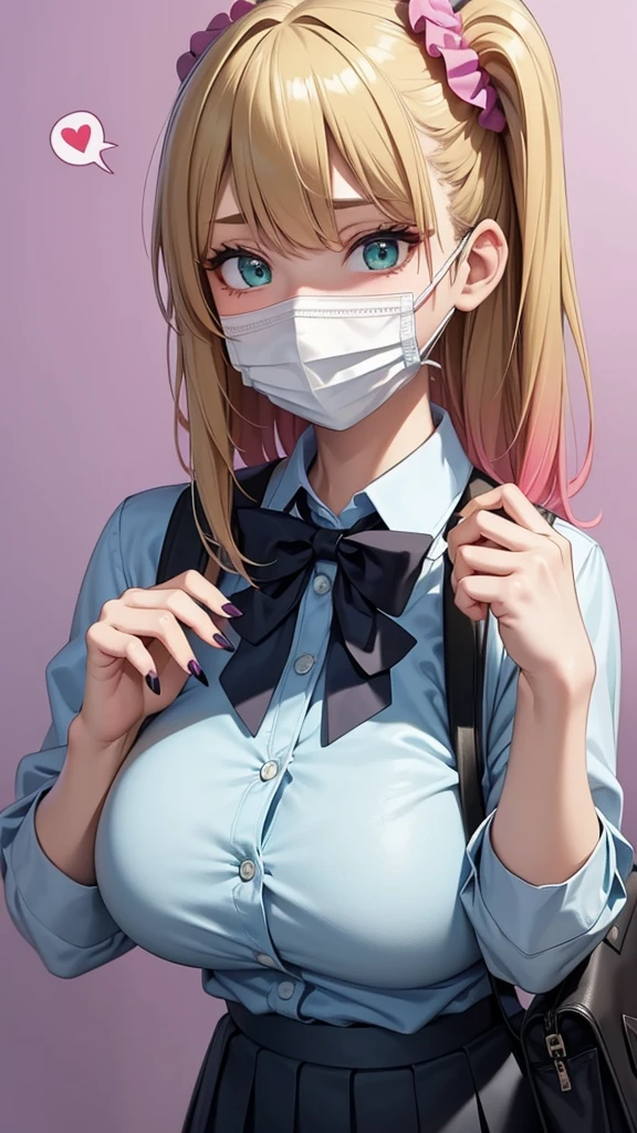 (masterpiece, Best Quality:1.2), ＪＫ,Big Breasts,One girl,Aqua Nail,bag,black bowtie,Black nails,Blonde,Blue Nail,chest,gradient,gradient background,Green Claws,hair Scrunchie,heart,mask,mouth mask,Multicolored nails,Nail polish,Pink Nails,Purple Nails,school bag,School uniform,Scrunchie,skirt,Alone,spoken heart,surgical mask