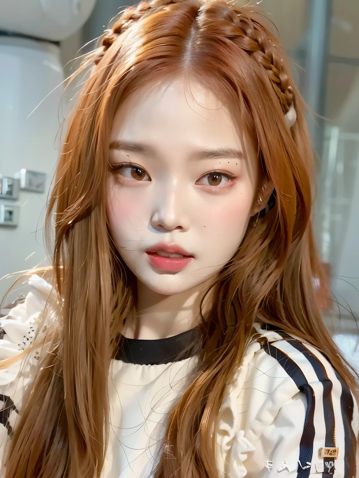 arafed asian with long red hair and braided hair, portrait of jossi do blackpink, jennie blackpink, parque roseanne de blackpink, jossi do blackpink, young lovely korean face, Ulzzang, maquiagem sul-coreana popular, Jaeyeon Nam, adorable and pale korean face, female korean idol portrait, Jinyoung Shin, maquiagem coreana popular, estacionar a partir de-min