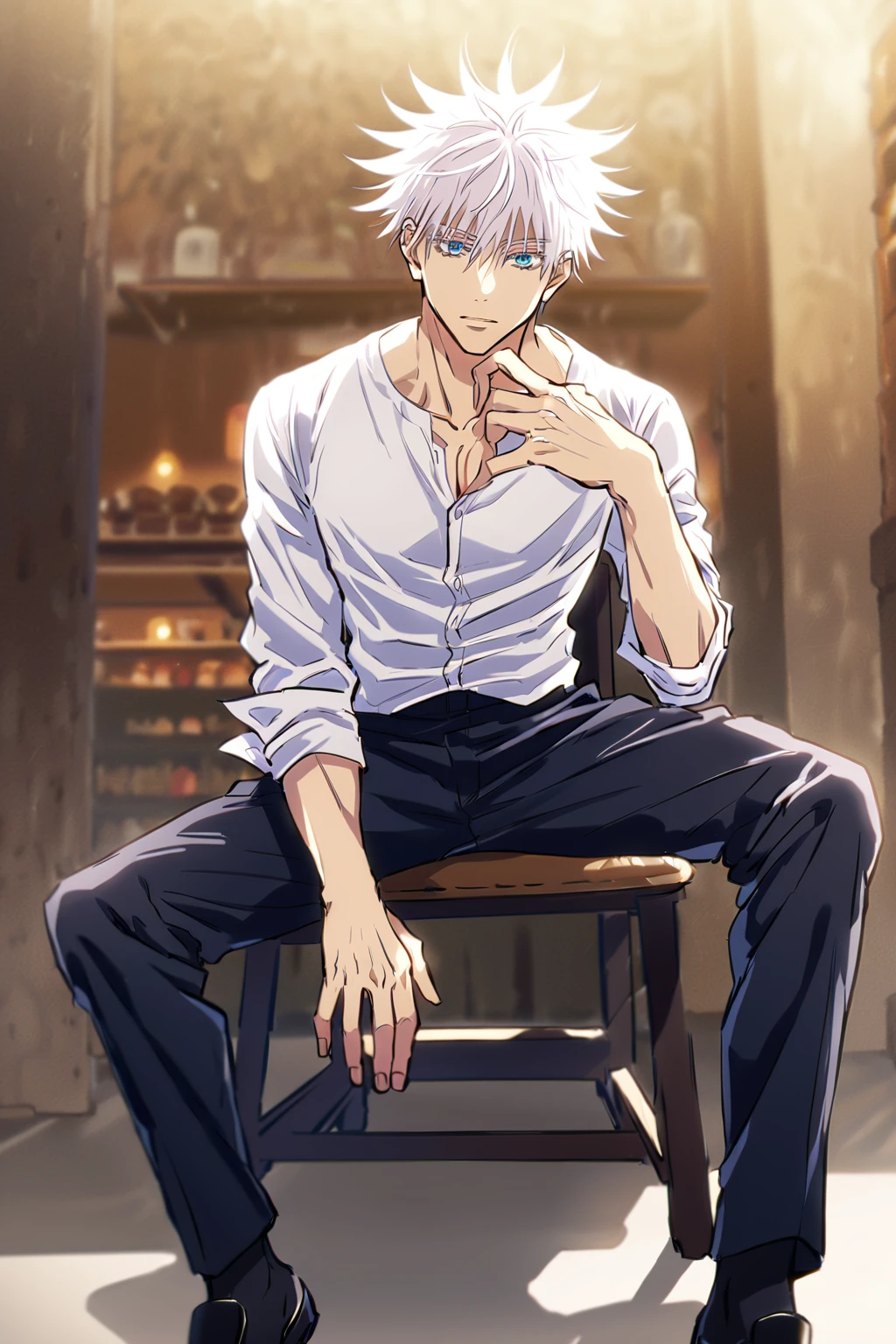 Full Body Portrait, Jujutsu Kaisen, Gojou Satoru, 1boy, Solo, Looking at viewer, Handsome, Sexy Man, Sensual, Handsome, Sexy Man, Sensual, Blue Eyes, White Hair, Short Hair, Spiked Hair, Hair Between Eyes, Tall, Lean, Muscular, Toned Chest, Light Skin, Perfect hand, ((White Shirt, Pants)), Sitting, Chair, Cafe, Cinematic Lighting, Masterpiece, 4K, Best Quality, High Resolution, Accurate, Award Winning, (SuperQuality:1.0) ~ (SuperQuality:1.2), NEGATIVE_HANDS