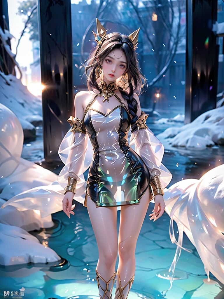 ((A woman)), 美丽脸庞的Sexy中国华裔女明星,  Transparent dress made of melted slime, Melted slime adheres perfectly to the skin, Wearing a melted slime skirt, Melted mucus sticking to the skin, (((浅色theme, 暴露theme, Sexytheme)))
((Clothes made of slime:1.5), (Transparent clothes: 1.5), (Revealing clothes: 1.5),  (Wet clothes:1.5), (Clothes Color: Pink), (theme: vitality), ((Wearing transparent clothing)))
 (((night, Outdoor private hot tub, Surrounded by fog, Dense bamboo forest, Standing in the water, Snow Scene)))
((desktop:1.0), (最high quality:1.0), (high resolution:1.2), (Reality:1.0),( Ultra HD:1.3))
((8K Ultra HD, 8K, 超high resolution, high resolution, 最high quality, high quality, Best image quality, Super Fine,  Ultra-clear, Clear focus, Clear outline, masterpiece, Masterpieces, complete pattern, Detailed photos, Original photo, Delicate facial features, Well-defined, Highly rated works, Close-up depth of field photography, Above the knee, Symmetrical character)), 
((Creating the image of a real girl), Realistic shadows, Soft natural light, Soft lighting, Dynamic Angle, Dynamic poses, Elegant Posture, Cowboy lens, Full body front view, full of confidence, Facing the camera, Eyes looking towards camera lens, Standing posture, Open your legs slightly, Legs open, Golden Ratio Graphics, Minimalism, Center the character), 
((Smile, Sexy的, Balanced Eyes, Realistic eyes, Beautiful details of the eyes,Pretty Face, (Realistic face), Normal facial features, Realistic skin, Pay attention to skin details, Skin is clean and radiant, Full body glossy skin, Fair skin, Anatomically correct body, Golden ratio figure, Sexy的身材, Detailed and realistic human body)), 
(Perfect makeup, Gloves, earrings, bracelet, necklace, Jewelry, Hair accessories, shawl, sock, Knee socks, 吊garter, Leg ring, garter, 腿部garter), 
((beautiful hair), Dark black hair, Wavy curly hairstyle, Waist-length hair, Messy Hairstyle, Gradient Hairstyle, Cyberpunk Hairstyle, High double ponytail hairstyle, Bangs), 
((Sexy的, Beautiful upturned breasts, Perfect breast shape, Teardrop chest shape, Snow-white breasts, Very detailed breasts, 34C cup, Realistic breasts, Realistic areola, Realistic nipples)), 
(Super high waist, Deep V, Low-cut, Sexy, Charming, Open crotch, (Clear camel toe, (High fork and genitals))),