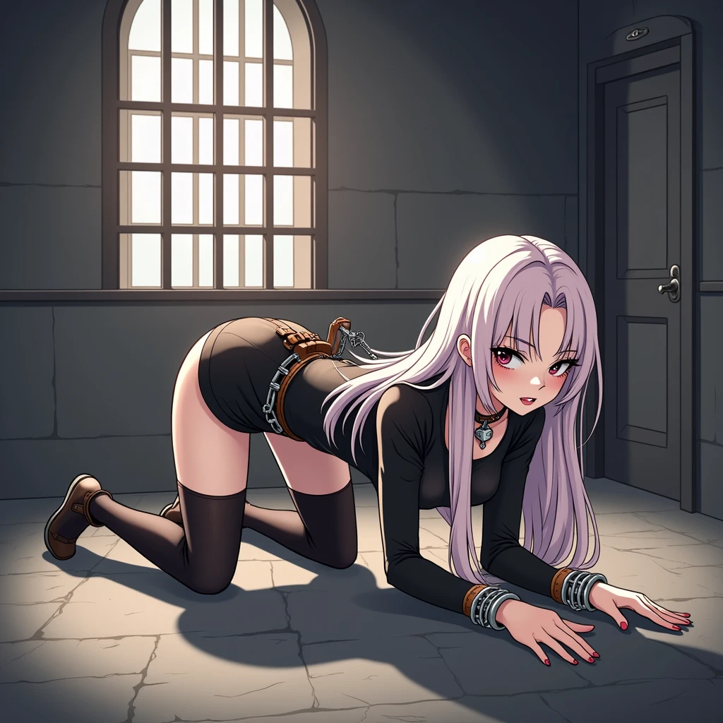 check_9, check_8_up, check_7_up, check_6_up, check_5_up, check_4_up, source_anime, 1 woman, get down on your knees, White hair, straight hair, Very long hair, playful look, WW chain, shackles, Came down with a weapon, doors, clean hair, black top, long sleeves, Short skirt, Short, black nylon thigh-high stockings, dungeon, night, Best quality, better resolution, 4k uhd, it sits on my lap, Leather dog collar with leash, lean girl, thin legs, long eyelashes, mascara, pomade, leather wrist cuffs with a chain, Shackled Hands, hands together, leather handcuffs on belts shackled the ankles of the legs, bent over, doggystyle, top down bottom up, arms behind back