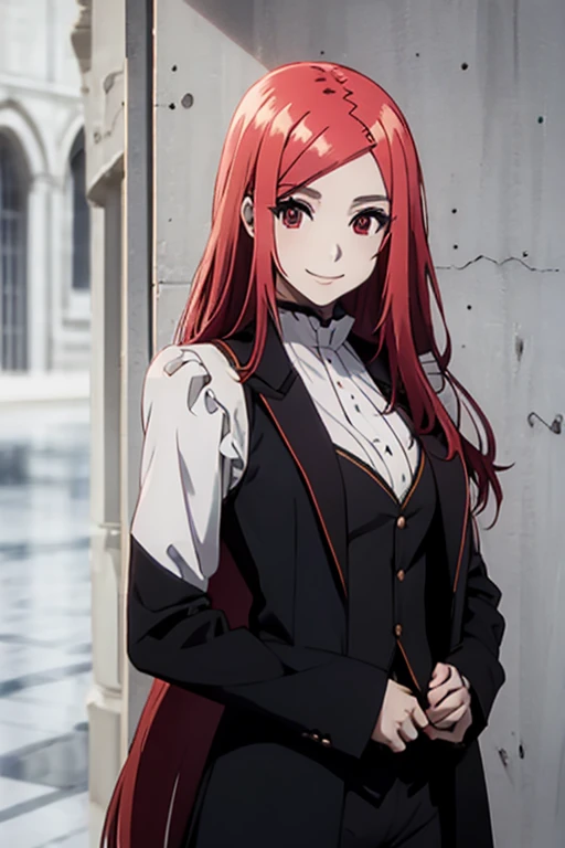 Mary in an elegant leotard, tailcoat, red eyes, red hair, long hair, calm smile