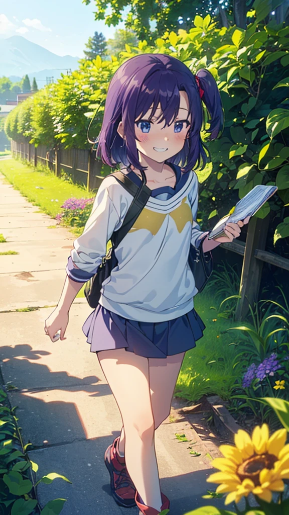 (One girl:1.1),(Non Non Biyori:1.1),countryside,Rice field, Flowers and plants, scenery, Soft sunlight,Side Up,((Purple Hair)) ,(Boyish clothes),(((blushed:1.3))),((masterpiece, Best Quality,aesthetic:1.2)),((beautiful detail eyes:1.3)),Ultra High Resolution, Highly detailed wallpapers, whole body,tree shade,(((evel smile:1.4))),((dynamic motion:1.3)),(cute),(seductive),