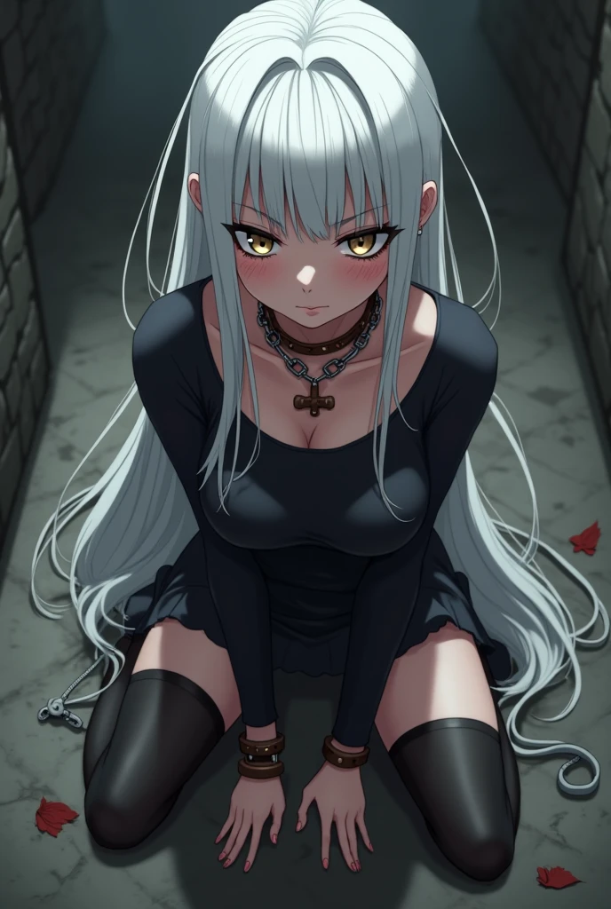 check_9, check_8_up, check_7_up, check_6_up, check_5_up, check_4_up, source_anime, 1 woman, Get on your knees, White hair, straight hair, Very long hair, playful look, WW chain, shackles, Came down with a weapon, doors, clean hair, black top, long sleeves, Short skirt, Short, black nylon thigh high stockings, dungeon, night, Best quality, better resolution, 4k uhd, Is on my knees, leather dog collar with strap, lean girl, thin legs, mascara, pomade, leather wrist cuffs with chain, Shackled Hands, hands together, leather handcuffs on belts shackled the ankles of the legs, a ball gag hanging from a strap around the neck, потекшая mascara