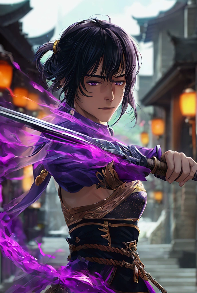 "Make an anime version of a man using dark purple magic, show him as handsome, . Not long hair With art style romance fantasy anime, Realistic anatomy, in detail, Blurred, romantic scene. A simple girl from the royal village met a guy. Fantasy movie poster. Swords and Mage Action