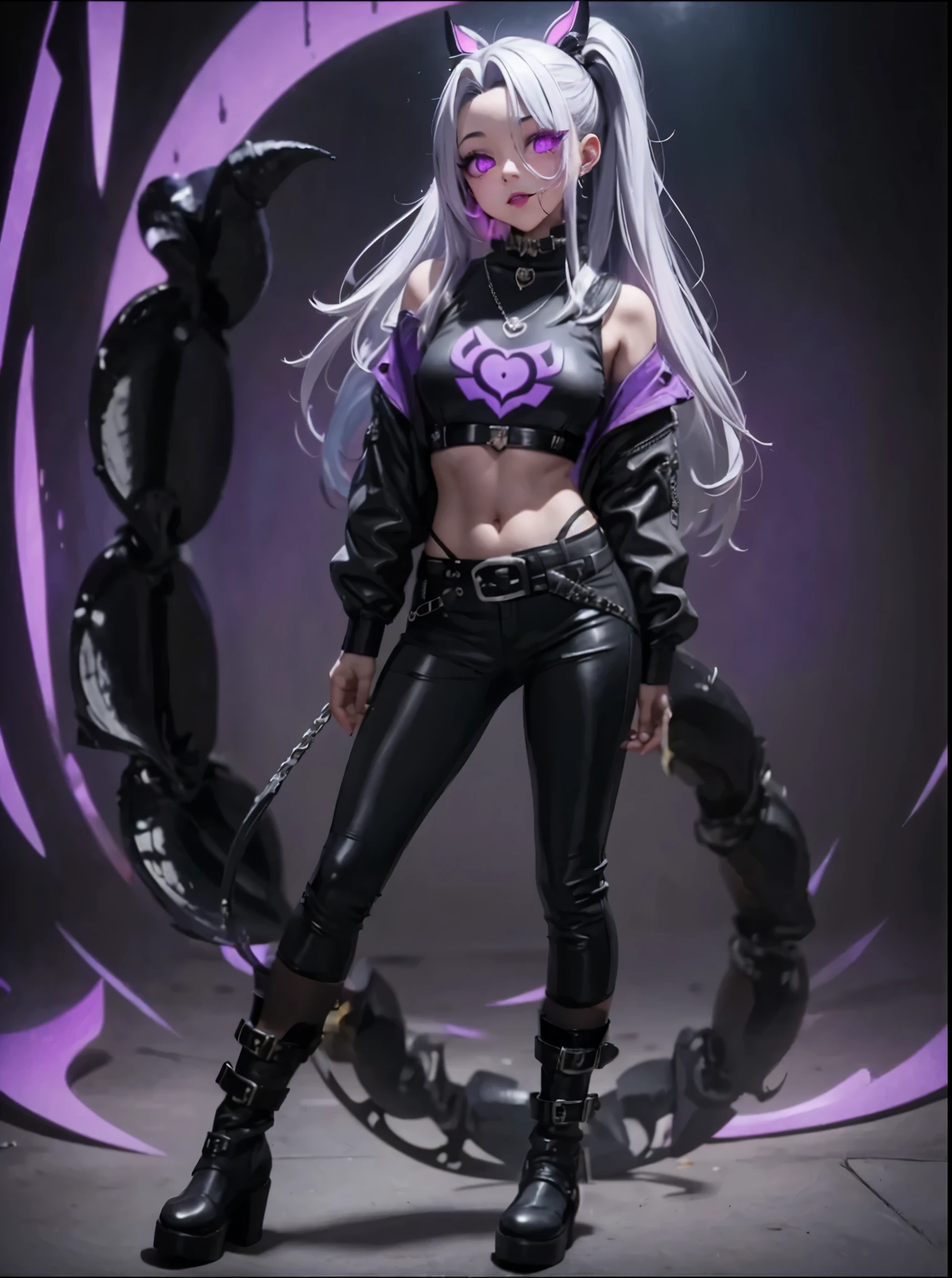 Girl with a tail. Fashion in rock style. It's a belly button. Gray hair. Large belts. Silver buckle. Black tail. Thick legs. Black long boots. Purple light background. Smog.