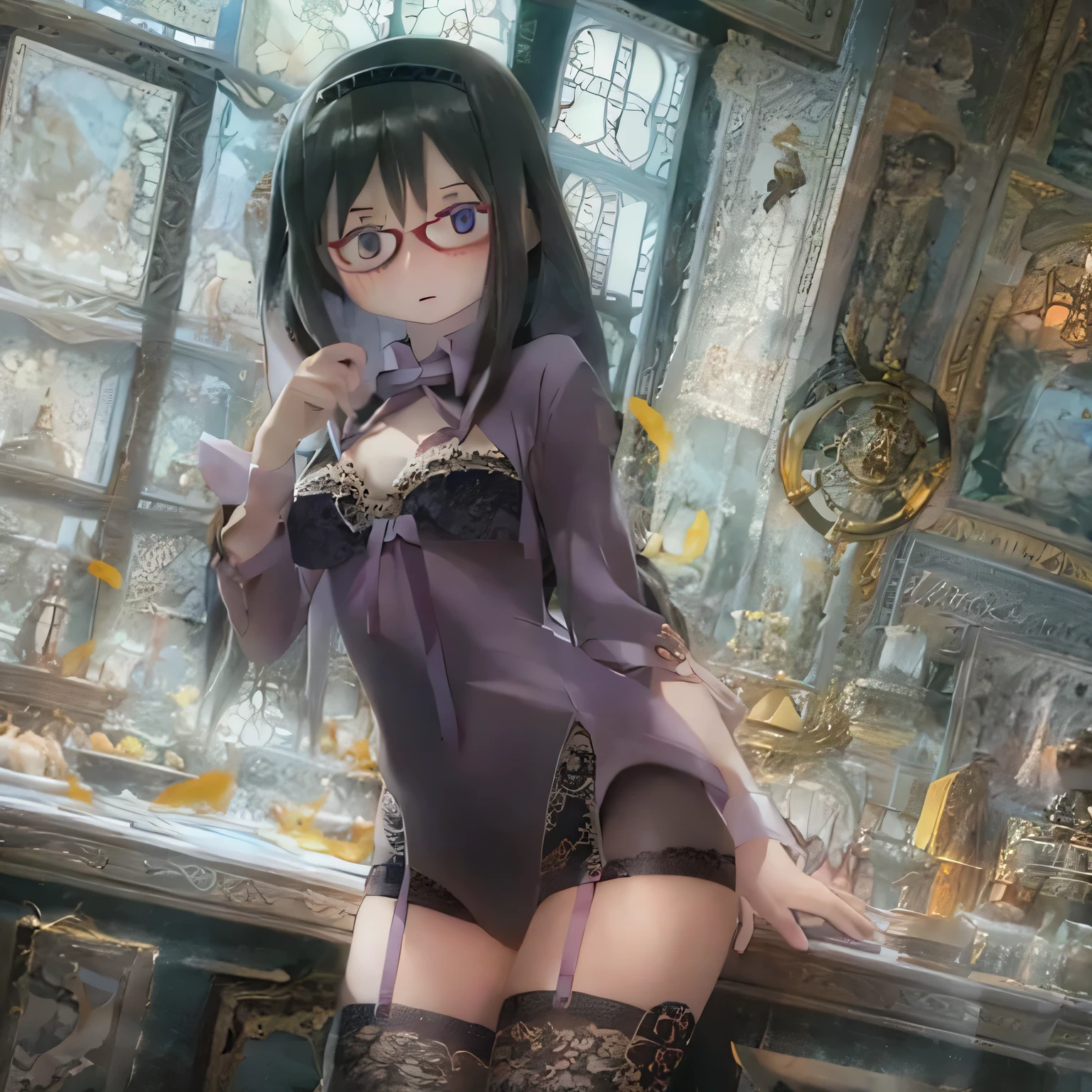 (Realistic:1.37), Vibrant colors, Very detailed, Physically Based Rendering, Tabletop, Expressive eyes, Perfect Face, Closed lips, barefoot, Akemi Homura is standing, Black Hair,  Black-rimmed glasses, Sexy Lingerie, Seductive posture, Ample breasts.garter belt