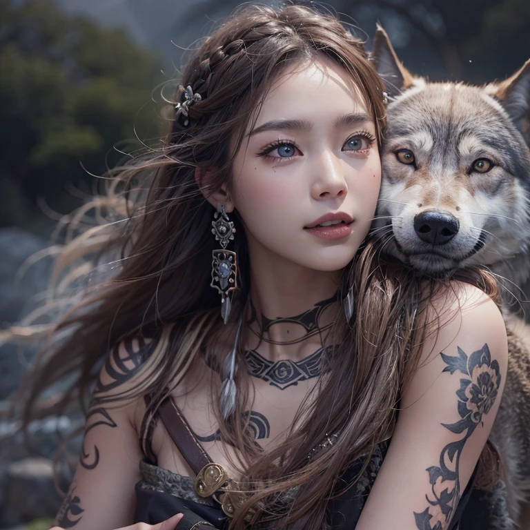 Lakeside surrounded by snowy mountains、Hair flow、 ((highest quality、masterpiece、8k、Best image quality、Ultra-high resolution、Award-winning works)、(Accurate anatomy:1.1)、(Look at me and smile:1.1)、Shining fair skin with Ultra-high resolution、The most detailed face、Ultra-high resolution detailed face、Ultra-high resolutionの髪の毛、(Ultra-high resolutionの煌めく瞳:1.1)、Beautiful face drawn in every detail、Ancient Viking clothing, Chest to chest, tattoo, A real wolf is by your side
