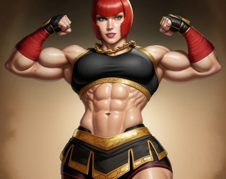 Marisa,short red hair, blunt bangs, makeup, green eyes ,muscular, biceps, abs,  smile,  sweat,  smelly, blush,  upper body,  fists closed, arms down,  solo,
Mattire, fingerless gloves, black sports bra with gold trim, big  chain necklace, toeless legwear, bike shorts, small skirt with gold trim,
(insanely detailed, beautiful detailed face, masterpiece, best quality)    