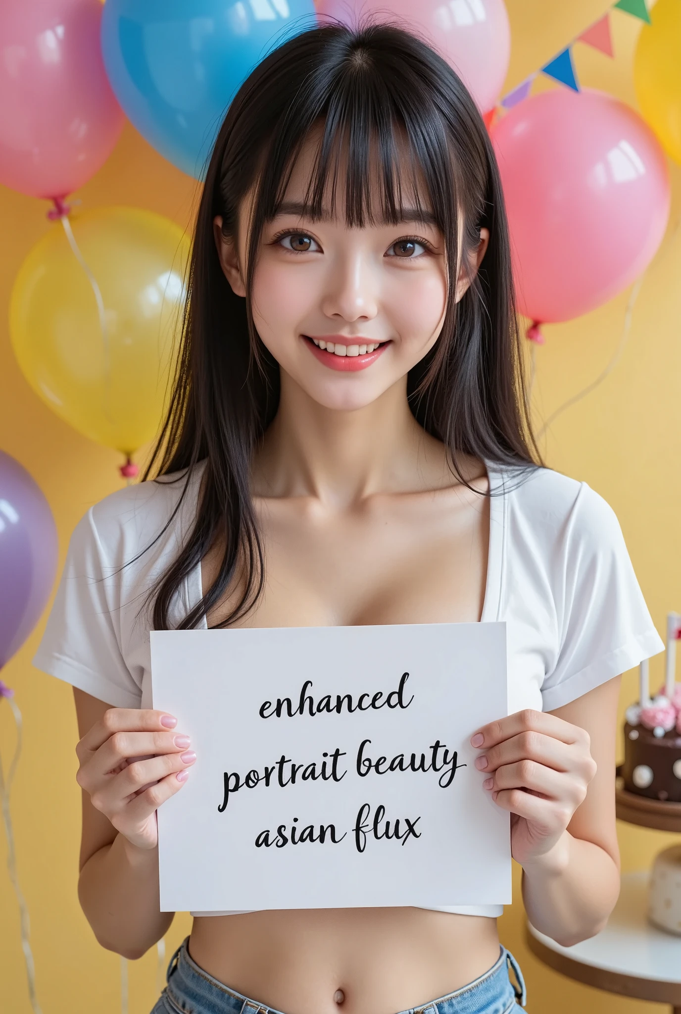 woman, solo, young girl, happy expression, looking at viewer, upper body, (long hair, black hair, bangs, brown eyes:1.3), big breasts, white shirt, short jeans, holding a sign that says "Enhanced Portrait Beauty Asian Flux", balloons, cake, party, cutez