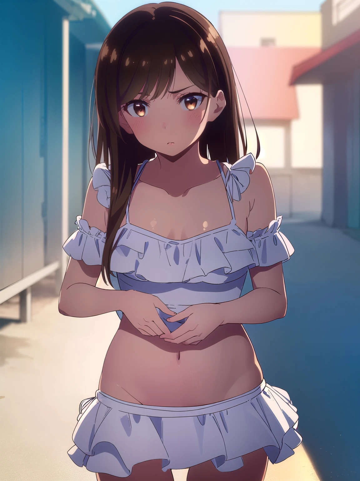 ((best quality)), ((masterpiece)), (detailed), (((perfect face))), ((slender  girl)), (((wearing dark blue pleated skirt))), ((medium breasts)), ((brunette)), ((ponytail)), ((((topless)))), (((blue eyes))), ((shy:1.3)), ((blushing:1.5)), ((skinny thighs)), ((skinny hips)), (((girl looking away))), ((bare stomach)), ((bare arms)), ((bare shoulders)), (((walking up stairs)))