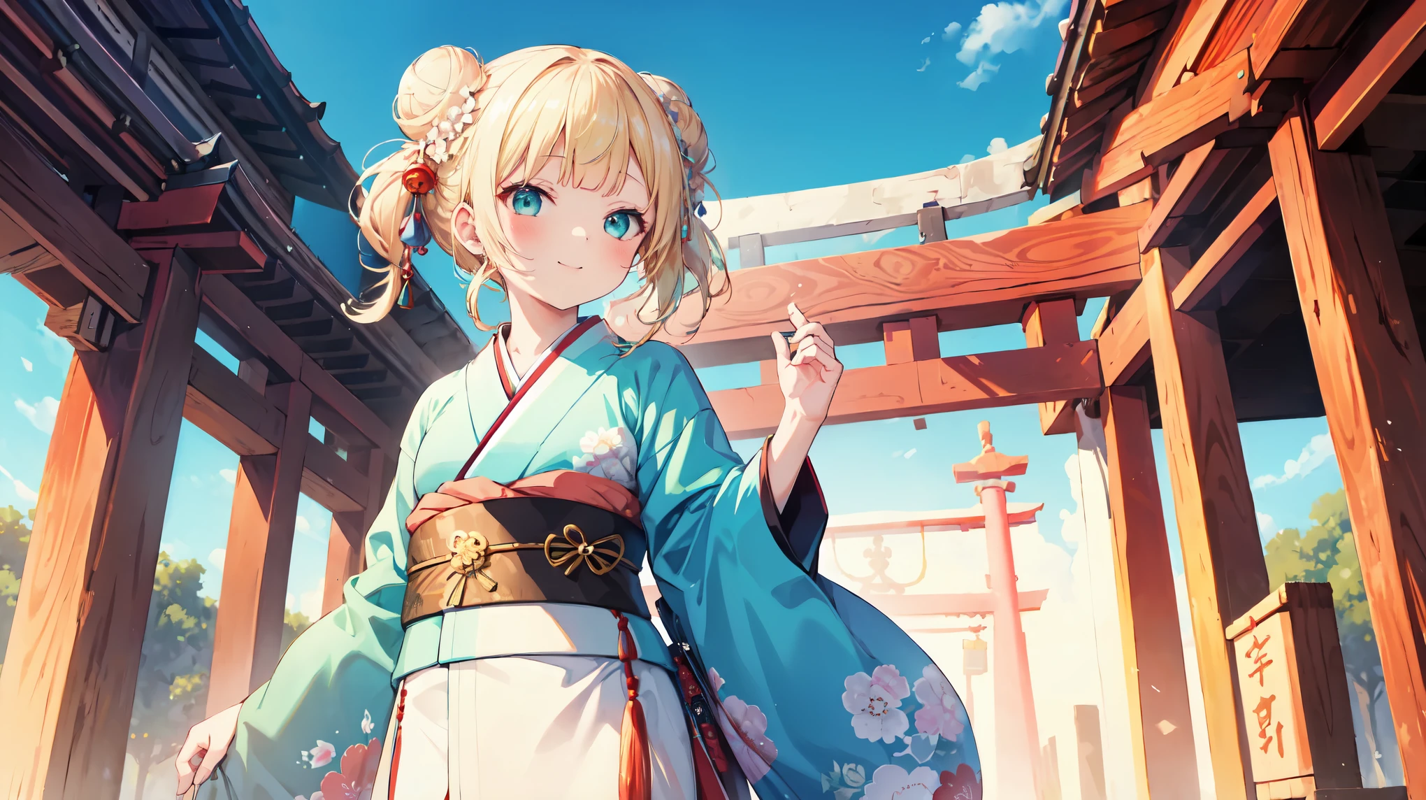 1girl,Alone,master piece,complete anatomy,Best Quality,16k,Intricate details,Turquoise Kimono,Blonde,Double bun,Red cheeks,smile,shrine