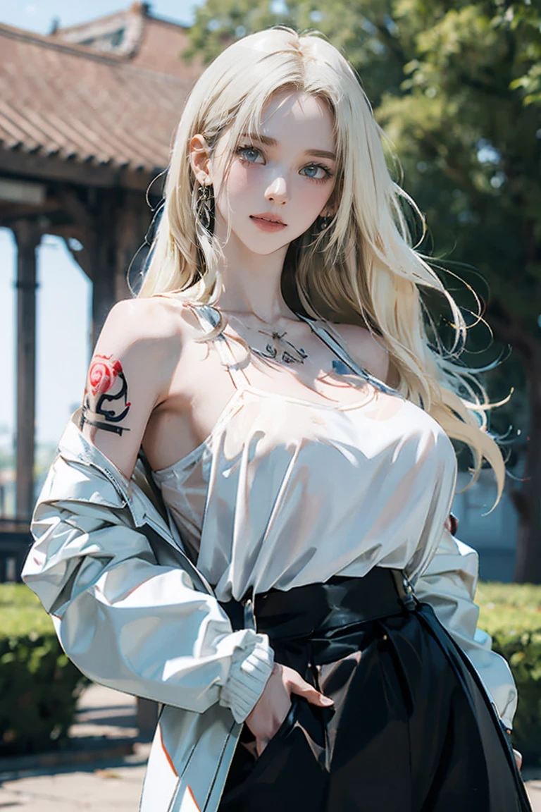 masterpiece, Highest quality, One Girl, beautiful, OK, delicate, Very difficult, detailed, blonde, Jacket, blue eyes, ((masterpiece)), extremely detailed, Highest quality, High resolution, ((at the park)), Bridget, smile,Wet skin and hair, blonde, (White shirt, Torn, No underwear), (Sexually excited expression:0.7), Long Hair, Open ((Perfect body)), Realistic Fashion, High resolutionシステムのdetailed, photo shoot , Sharpness,(((He has many tattoos all over his body)), (((Tight waist))), ((Big Breasts)),((See through))