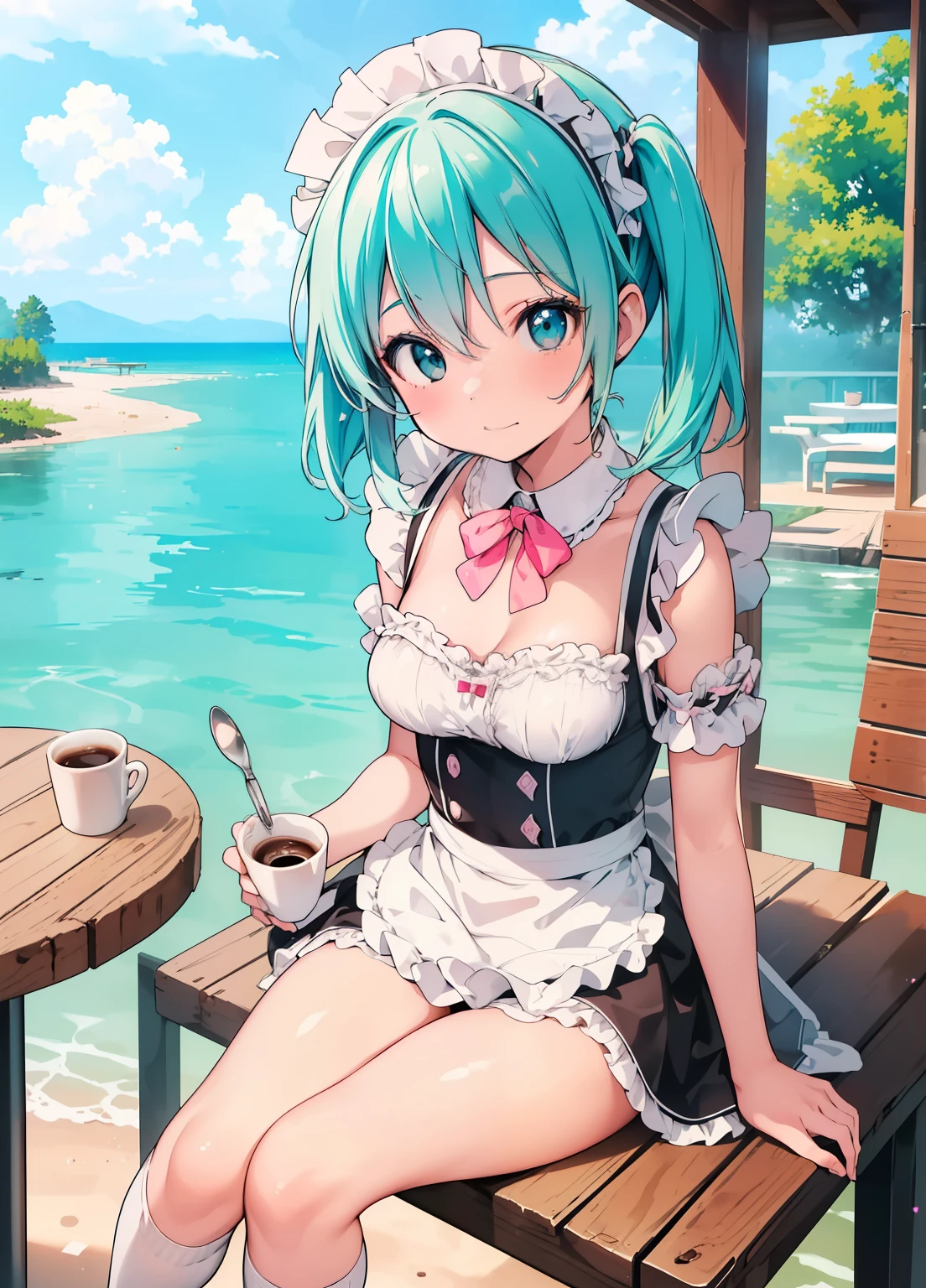 (masterpiece、Best Quality、Best Quality、Official Art、Beautiful and beautiful:1.2)、(One person:1.3)Hatsune Miku、Twin tails,Beautiful breasts,(((Best Quality, 8k, masterpiece: 1.3)), ((Best Quality)), ((masterpiece)), (detailed), Perfect Face, Pink short hair maid girl, Frilled maid outfit, High resolution, Textured skin, Anime Style, Reading photo albums on the open terrace of a cafe, A coffee cup is placed on a white round table, Read the photo album, Crossing your legs, Knee-high socks