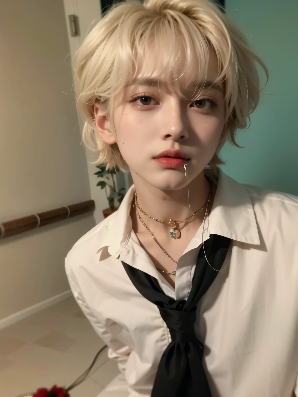 Mingi con pelo rojo con corbata negra y camisa blanca., cuchilla del grupo de drenaje, delicate androgynous prince, xqc, marimacho de pelo corto rojo carmesi, extremely pale blonde hair, beautiful androgynous prince, pale porcelain white skin, very very pale blonde hair, con el pelo largo y blanco, mingi de ateez, song mingi little peep, como personaje de anime, usando gargantilla