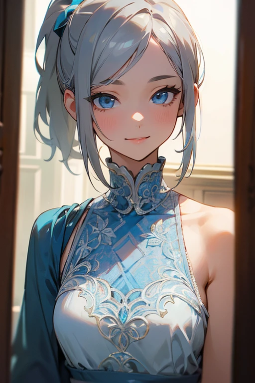(masterpiece: 1.2, Highest quality), (Actual Photos, Intricate details), 1. woman, alone, Upper Body, casual, Shoulder-length hair, Minimal makeup, Natural materials, Face close-up, smile, Home, Gray Hair, blue eyes, Shoulder Bare、ponytail、(Swimwear)、(From the waist up).(Platinum decoration)、