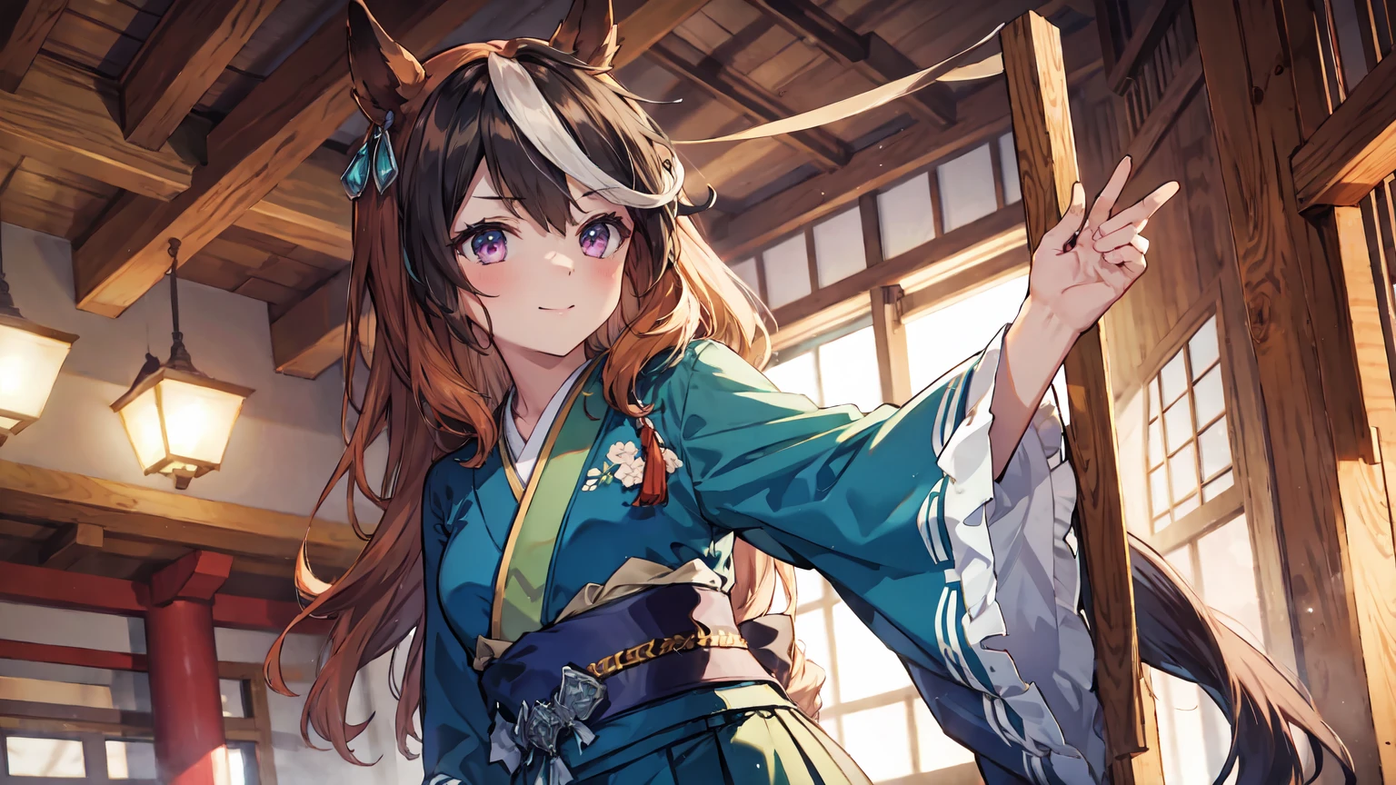 1girl,Alone,master piece,complete anatomy,Best Quality,16k,Intricate details,Turquoise Kimono,Horse ears,Red cheeks,smile,shrine,Domestic