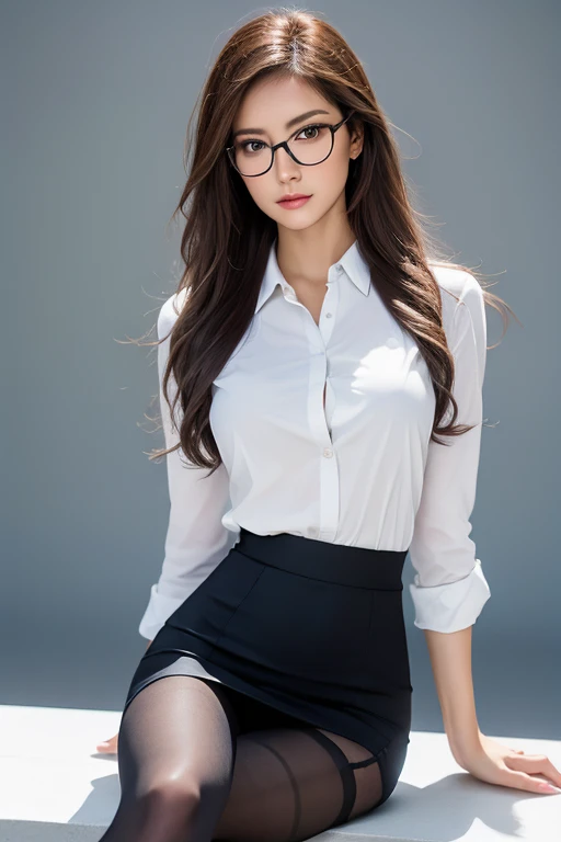 High resolution, High detail, (best quality:1.2),cowboy shot, beautiful lady,(large breasts:1.2),Asian,brown hair,
office lady,business suits,navy jaket,white cut shirt,see-through white cut shirt,navy pencil skirts,(reality pantystocking:1.3),High heels,
gal.safetensors,Gal Makeup,earling,sitting char,crossed legs, looking at viewer,glasses,