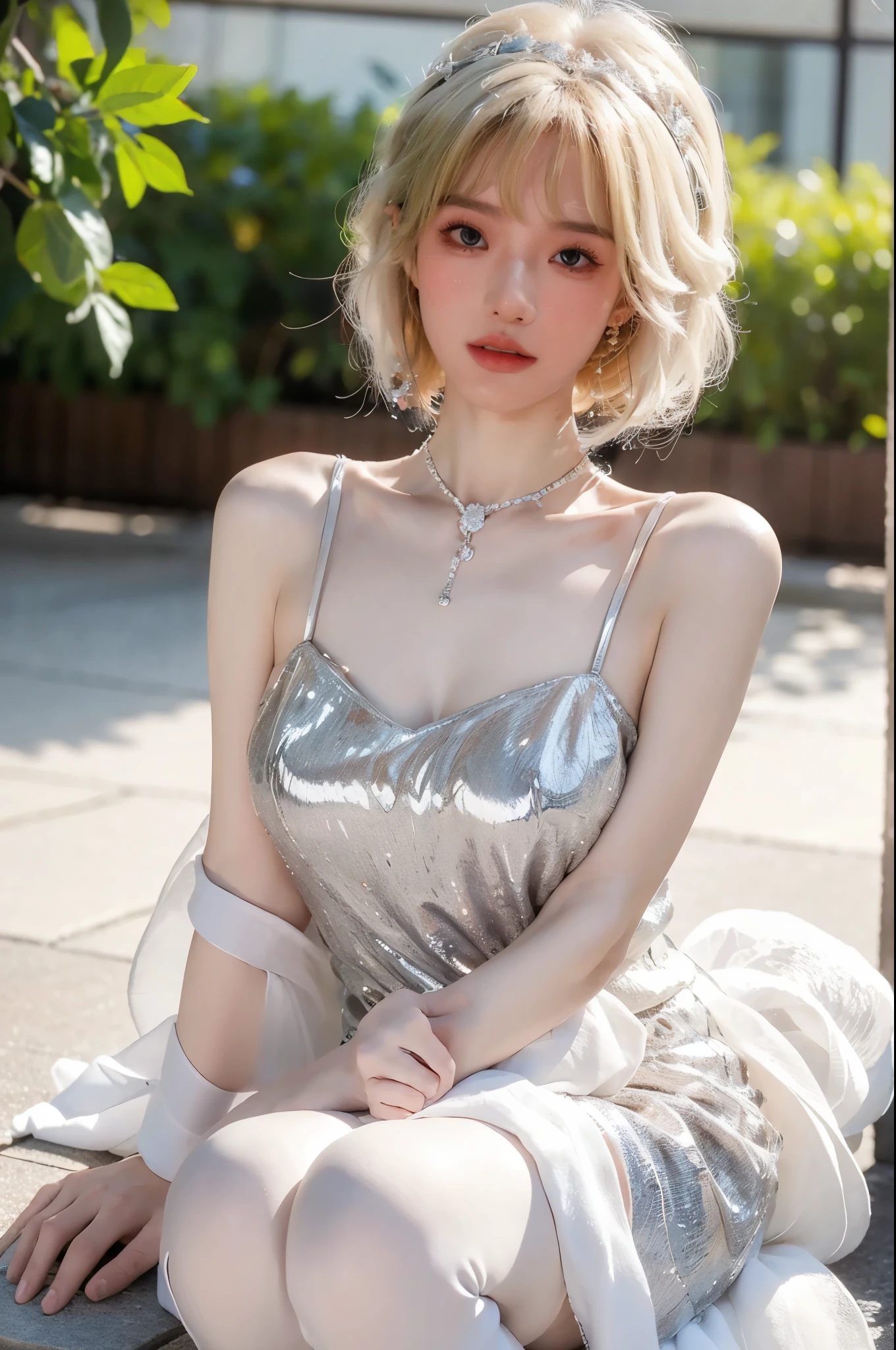 ((best quality, 8k, masterpiece:1.3)), focus:1.2, Beautiful woman with perfect body:1.4, raised buttocks:1.2, ((Cut hair into layers:1.2)), (medium ),(tube top dress:1.5), Highly detailed facial and skin textures, delicate eyes, double eyelids,whiten skin,long white hair,(Keep your mouth shut:1.3),Smile