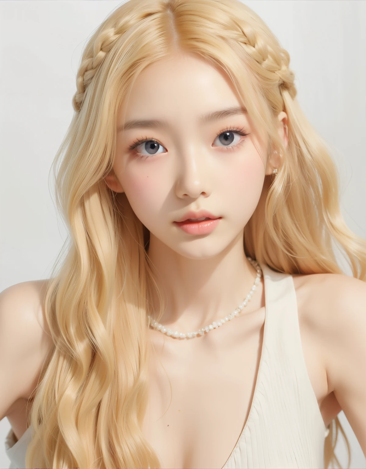 a close up of a woman with long blonde hair wearing a white dress, popular korean makeup, popular south korean makeup, roseanne park of blackpink, ulzzang, jinyoung shin, pale porcelain white skin, portrait of jossi of blackpink, jaeyeon nam, pale skin curly blond hair, extremely pale blond hair, kim doyoung, taejune kim