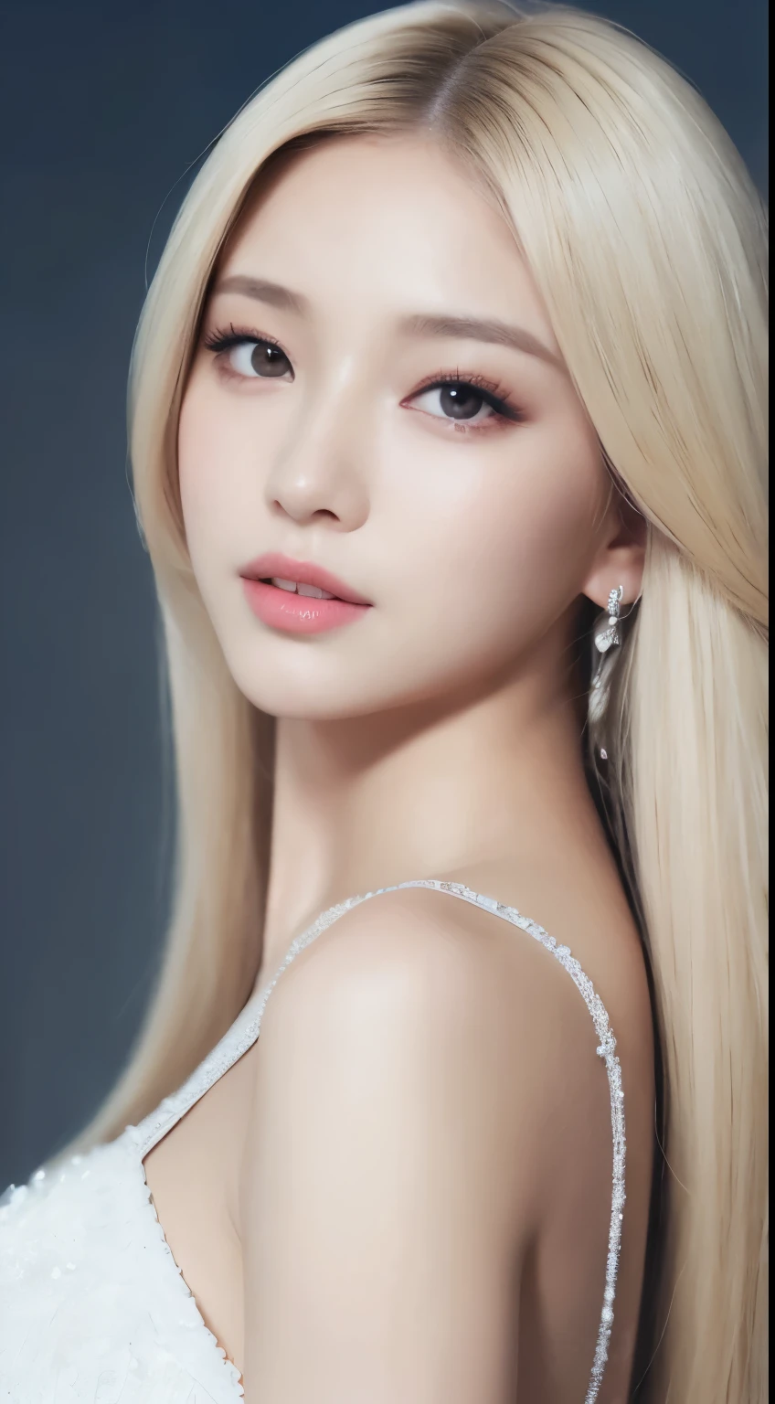 ((Realistic lighting、top-quality、8k、​masterpiece:1.3))、Clear focus:1.2、1girl in、flawless beauty:1.4、slim((blonde  hair))、Neat and clean clothing、One-piece clothes、Superfine Face、Narrow-eyed、double eyelid、lighting like a movie、photos realistic、2、Straight hair、Face like a K-pop idol、white backgrounid、Gray background、Mature Woman、Classy makeup、Light hair color Blonde、Angle of pull、