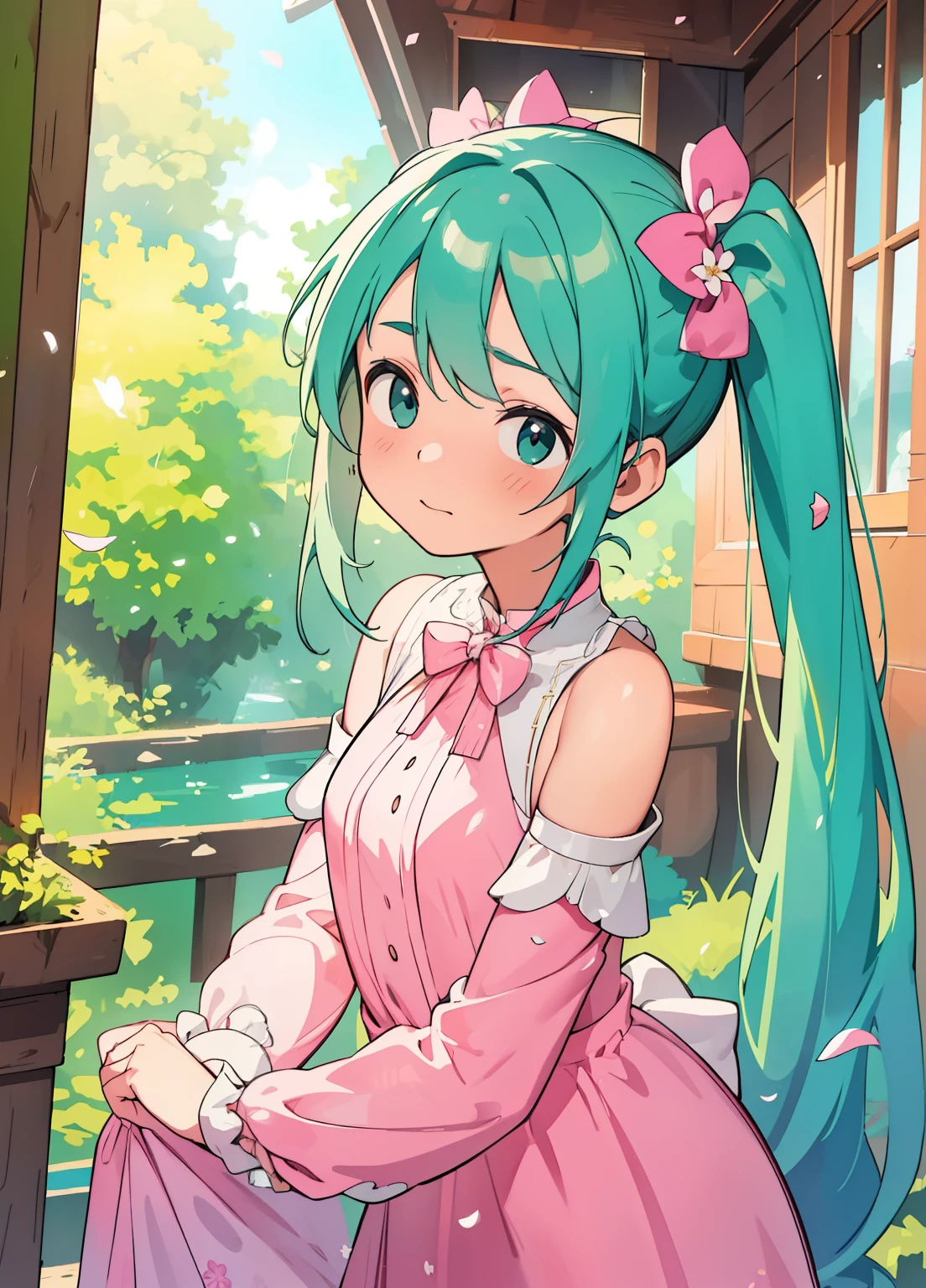 (masterpiece、Best Quality、Best Quality、Official Art、Beautiful and beautiful:1.2)、(One person:1.3)Hatsune Miku、Twin tails,Beautiful breasts,woman, Serious, Warrior, armor, elegant, Pink Dress, Aristocratic, silver element, Long nails, Bare shoulders, Hairstyle, Put your hair up, Braids and ponytails, Messy, arrogant, Absurd, Detailed dress, Royalty, Celebration, Hall decorated with flowers, Cowboy Shot, Portrait, (Best Quality), (masterpiece), (Very detailed), (4K)