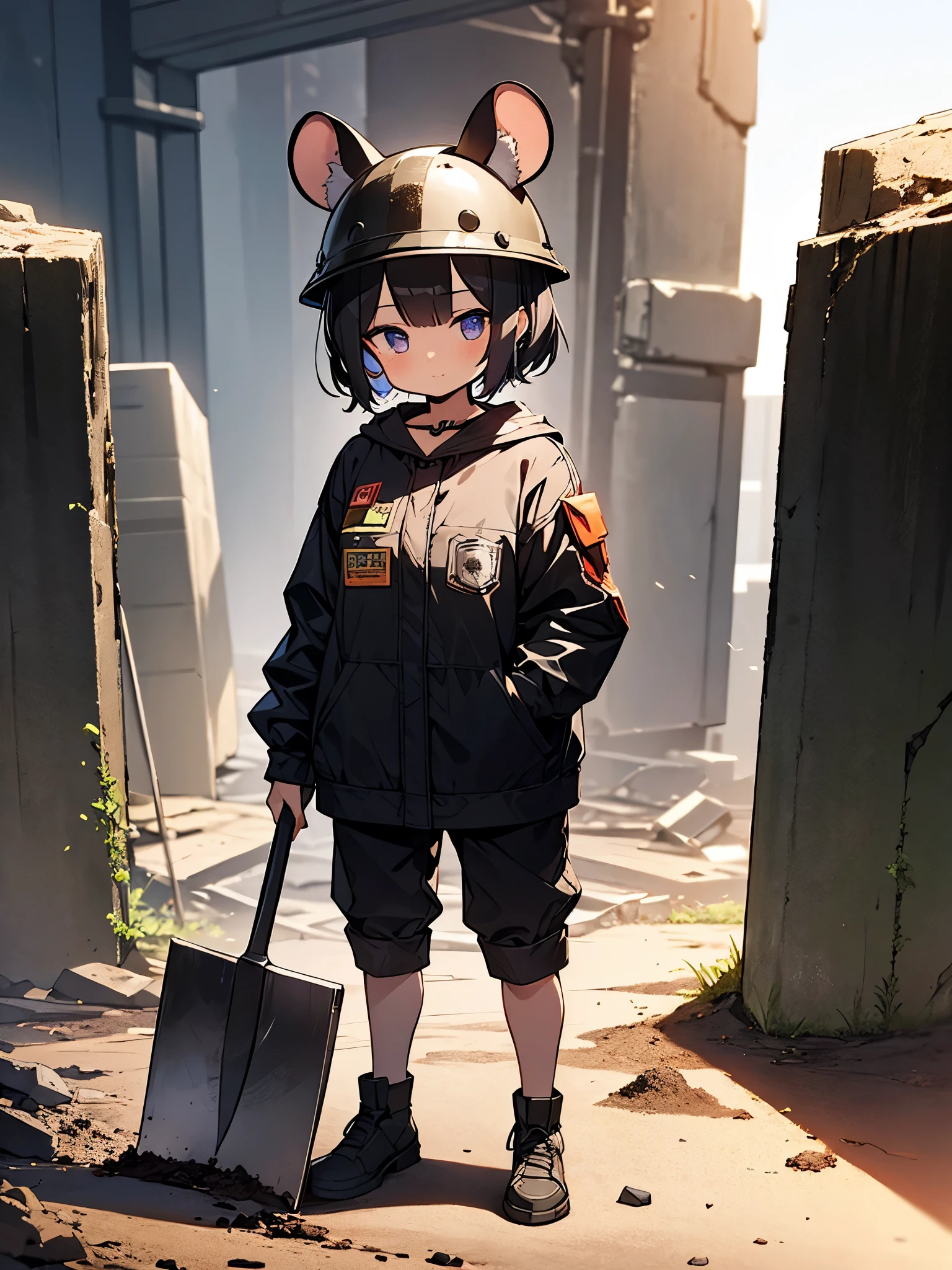 masterpiece, Best Quality, Perfect Face, Highest Resolution, Best Quality,Detailed depiction of the eyes, 8k, RimWorld, ratkin, 1 girl, young, small, Slender body, Big mouse ears, mining, Miner, Coal mine, shovel, helmet