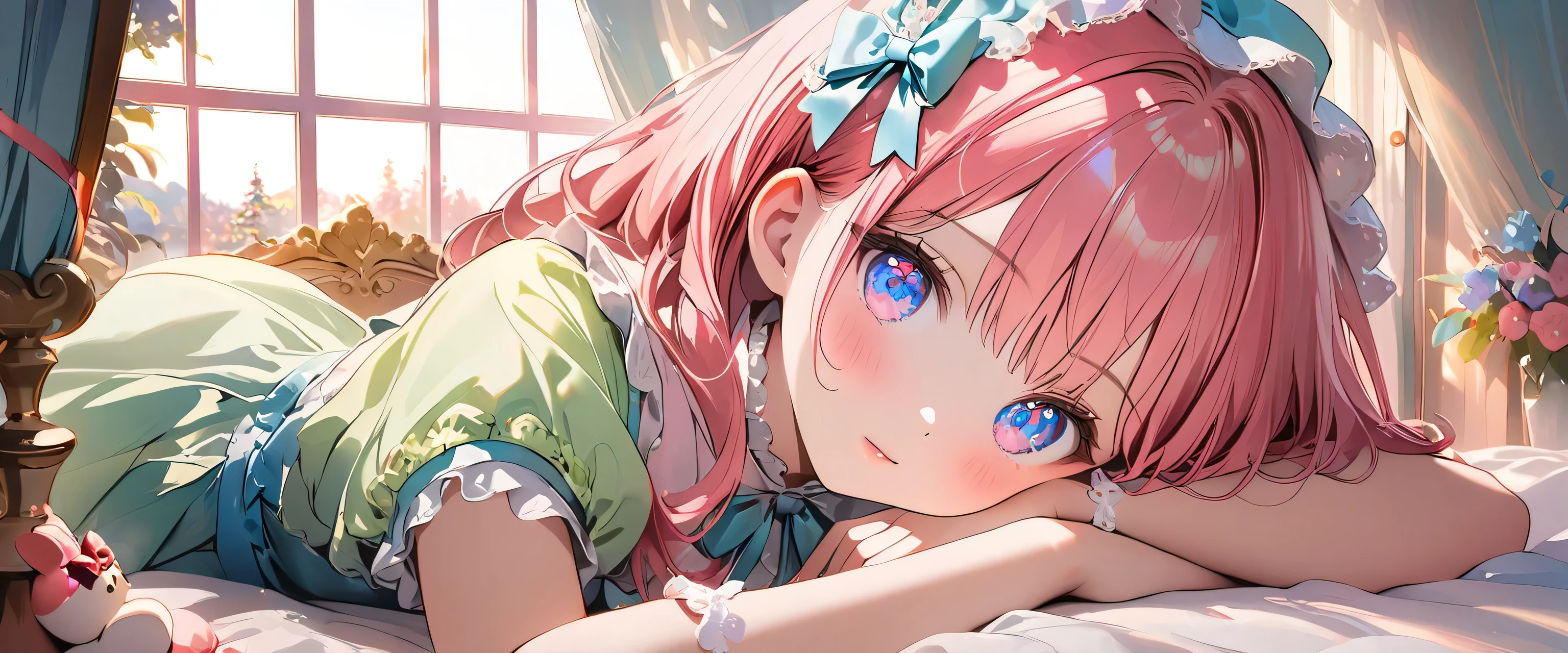 ((ultra quality)), ((ultra detail)), ((top quality)), pastel colored fluffy cute dress, frills and lace and ribbon, (sweety bedroom:1.2), cowboy shot, portrait, hyper detail face, hyper beautiful eyes, ((anatomically correct)), (((correct hand))), soft lights, soft edge, RAW photo, mixed technique of oil painting and watercolor, lying,