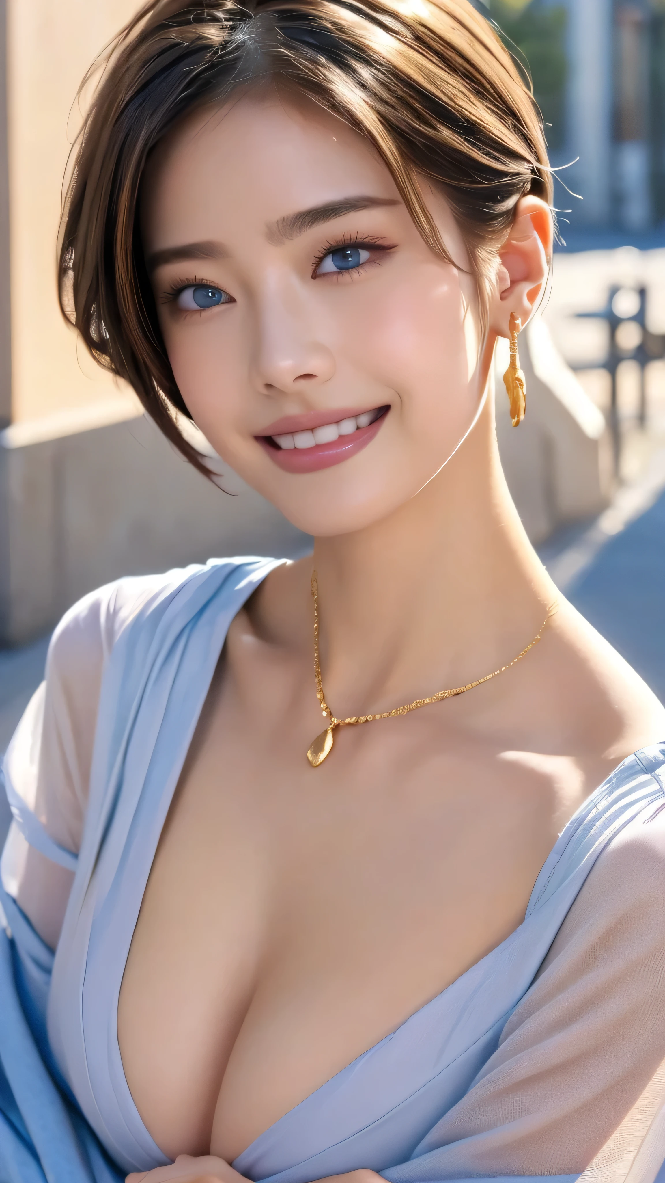 (masterpiece:1.3), (8k, Realistic, RAW Photos, Best Quality: 1.4), Japanese, (1 girl), Beautiful Face, (A vivid face), Short Bob Hair:1.3, Beautiful Hairstyles, Random hair color、Realistic eyes, Beautiful Eyes, (Realistic Skin), Beautiful Skin, charm, Ultra-high resolution, Attention to detail, Golden Ratio, Detail Makeup、Completely naked、I can see the shoulder bones、Daytime、look up、Yellow Eyeshadow、Long eyelashes、Sharp Eye、Zoom Face、blue eyes、Mesh Hair Color、Moles around the mouth、Ring Earrings、Gorgeous gold necklace、Looking down from above、超Big Breasts、Big Breasts、Large Breasts、はみ出したareola:2.0、areola、美しいピンク色のareola、Beautifully detailed pink nipples:2.0、Protruding nipples、smile、Kissing Face、Pinch your nipples:2.0、Pinch your nipples with your index finger and thumb:2.0