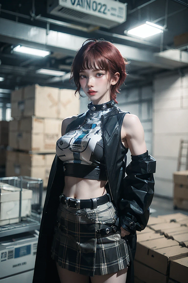 woman, Curly Red Pixie Cut Hair, Green Eyes, Wearing a black crop top shirt, Long black jacket, Red checked skirt, (Black knee-high boots), Black Fingerless Gloves, Exposed shoulders, (whole body), Big breasts Freckles, , Abdominal muscles, View your viewers, masterpieceThe best quality, , Holopunk Style, (nsfw:0.8), Erect nipples