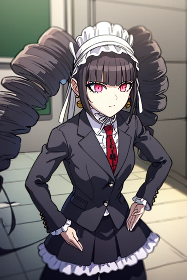 celestialudenberg, , Long Hair, bangs, Black Hair, (Red eyes:1.3), Long sleeve, Twin tails, Drill Hair, Twin Drill,
break skirt, shirt, Black Hair, Long sleeve, jewelry, jacket, Earrings, Frills, tie, Black Skirt, black jacket, red tie, bonnet, print tie,
break outdoors, classroom,
break looking at viewer, (Cowboy Shot:1.5),
break (masterpiece:1.2), Best Quality, High resolution, Unity 8K Wallpaper, (Illustration:0.8), (Beautiful detailed eyes:1.6), Highly detailed face, Perfect lighting, Highly detailed CG, (Perfect hands, Perfect Anatomy),