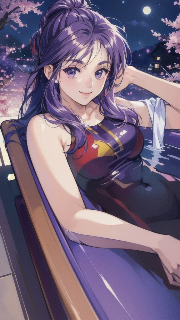 Kamado Nezuko, 1girl, closed mouth, smile, flower, long nails, looking at the viewer, petals, pink eyes, purple hair, ((masterpiece)), embarrassed, surrounded by people, walking on the street in public, nsfw, ecchi style, hands on waist, walking in school, playboy bunny, playboy bunny, big thighs