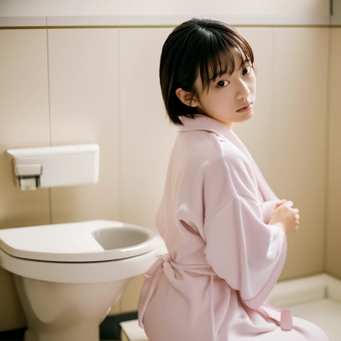 (masterpiece),(4K),(detailed photo),(high quality photo),A portrait of a Japanese idol female,teenager ,in a minimalist setting, sitting on a toilet, loose-fitting bathrobe, legs crossed, 35mm film, soft atmosphere、(((小さい胸)))、(((平らな胸))),(((a glance of shoulder))),short hair 